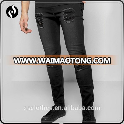 Unique design custom black skinny fit destroyed denim pant jeans for men