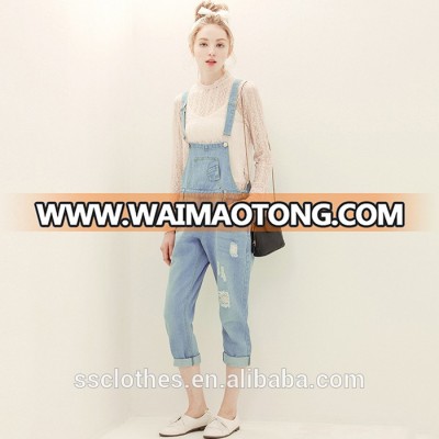 Hot selling new design fashion girls destroyed plus size denim jumpsuit