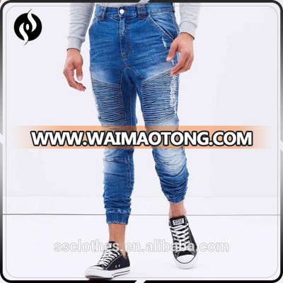 Wholesale fashion tapered fit elasticized cuffs cotton blue denim mens jeans 2017