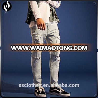 New arrival fashion bleached wash grey skinny destroyed fashion men jeans