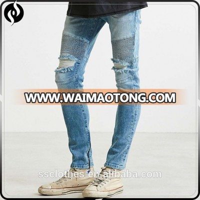 2018 Hot popular man pants cotton light blue skinny moto jeans for sale