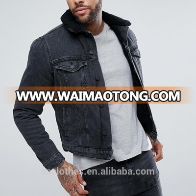 New look lined black denim jacket men jeans jacket with fur