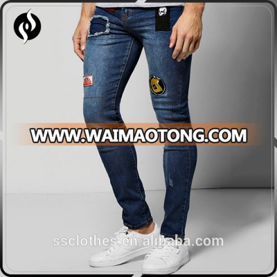 Hot popular custom patch skinny fit blue denim men jeans pants 2017 for sale