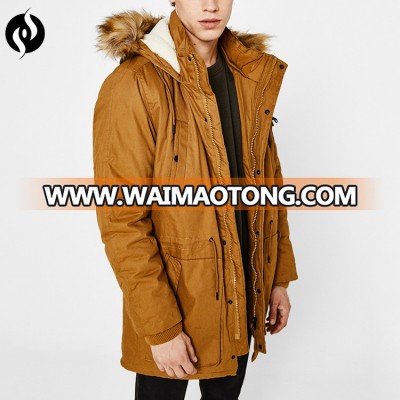 Factoty price fashion men jacket custom brown thick warm faux fur collar winter jacket for men